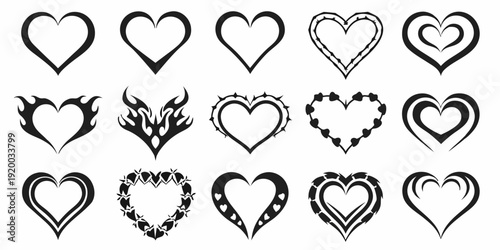 Collection of diverse black heart designs on a white background