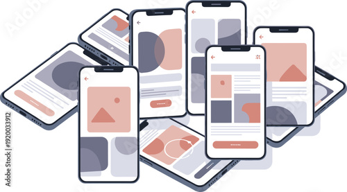 Modern mobile app UI layouts, smartphone interface prototypes, abstract design screens, digital UX concept, minimalist application mockups, user experience visualization