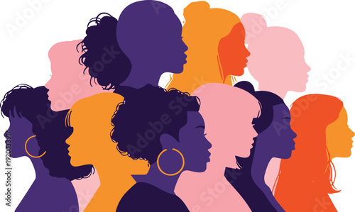 Diverse group of women silhouettes, colorful female profile heads, empowerment and sisterhood concept, multicultural community, international womens day vector on white background.
