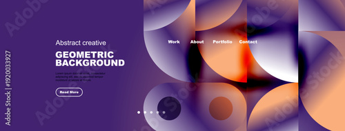 Purple website header features abstract geometric shapes, text, navigation menu. Modern design promotes creativity, portfolio access.
