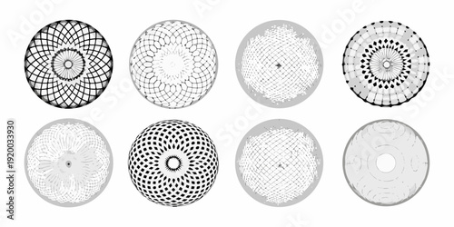 Eight circular patterns with varying densities and concentric designs