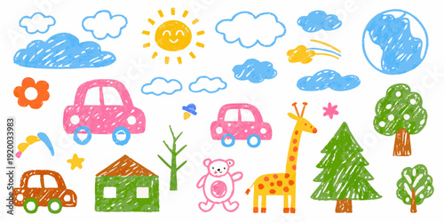 Child s crayon drawing depicts a cheerful scene with nature and vehicles