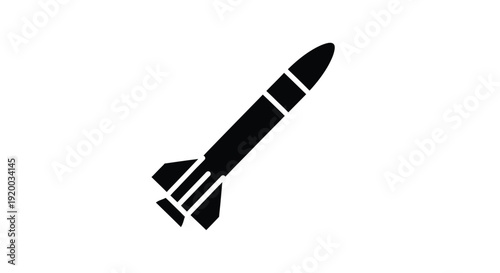 A stark black missile illustration against a white background silhouette