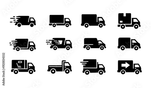 Fast Delivery Truck Silhouette Icon Set with Cargo Van and Express Shipping Symbols