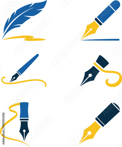 Creative fountain pen and quill icon set in blue and yellow colors, modern writing tools illustration collection isolated on white background for design and branding