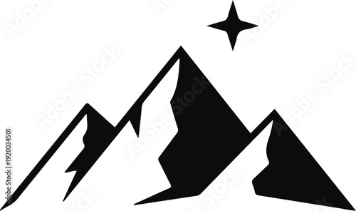 A minimalist illustration of mountains and a star on a white background