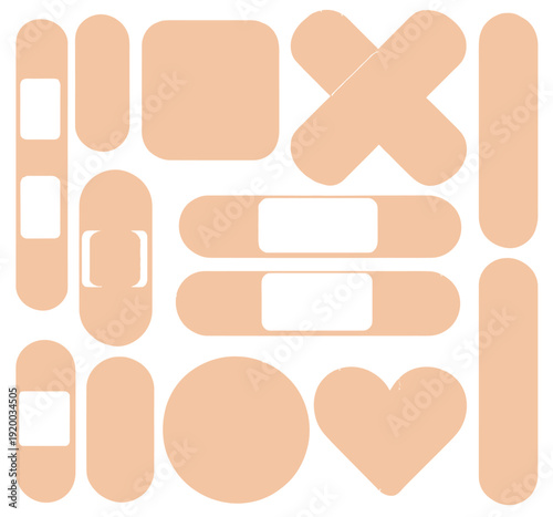 First aid bandage set, realistic medical plaster, adhesive band, and medicine patch, vector collection for wound care, emergency cure, accident treatment, and healthcare illustration projects.