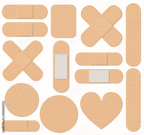 Medical plaster collection, realistic adhesive band, first aid bandage, and medicine patch, vector illustrations for wound treatment, injury care, emergency first aid, and health design projects.