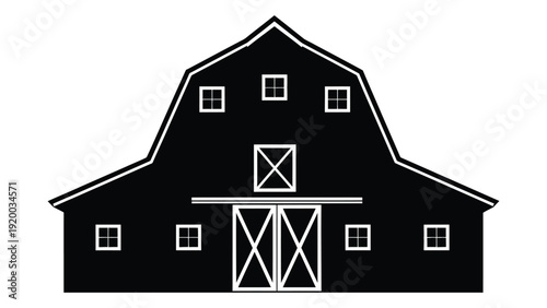 A large black barn with white windows and a distinctive x-shaped gable design isolated on white background, Vector