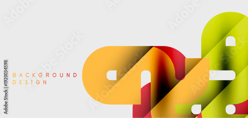 Abstract geometric shapes overlap, creating dynamic colorful background. Minimalist design with gradients, curves, soft shadows.