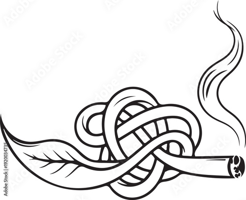 A black and white illustration of a cigarette with a leaf and smoke