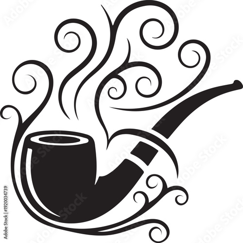 A black and white illustration of a smoking pipe with swirling smoke