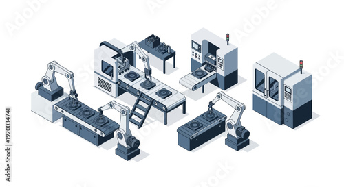 Industrial robotic arms and machinery in a factory setting.