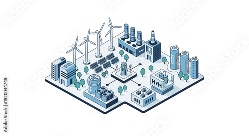 Isometric illustration of a sustainable city with renewable energy sources and green spaces.