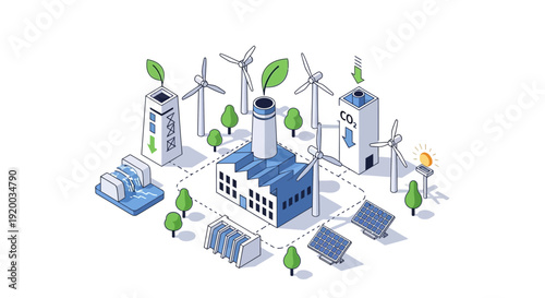 Sustainable industrial facility with renewable energy sources and eco-friendly practices.