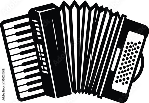 Black and White Vector Illustration of an Accordion. Isolated graphic of a musical instrument with piano keys and bellows, perfect for music, entertainment, and cultural themes....