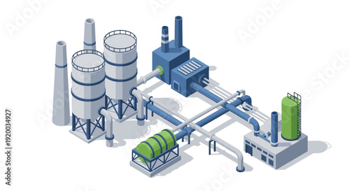 Industrial facility with tanks and processing equipment.