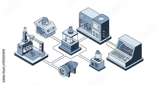 Isometric illustration of laboratory equipment and computer setup.