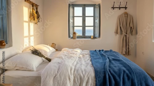 Cozy minimalist bedroom interior with sea view through window, morning sunlight, Mediterranean coastal home