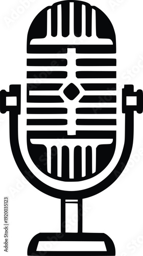 Retro Microphone Vector Icon: Vintage Broadcast Studio Equipment Graphic, Classic Radio Mic Symbol for Music, Podcast, and Media Projects. Isolated Black and White Illustration.