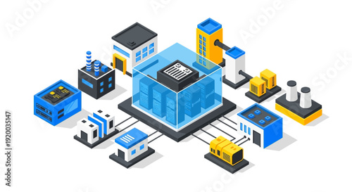 Isometric illustration of industrial machinery and server room.