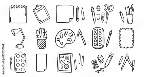 Drawing elements set, papers, paints and brushes, line art kids art, outline contour, monochrome, hand drawn