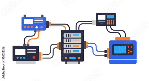 Electronic devices connected through cables and wires in a complex network.