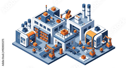 Isometric illustration of an industrial factory with various machinery and equipment.