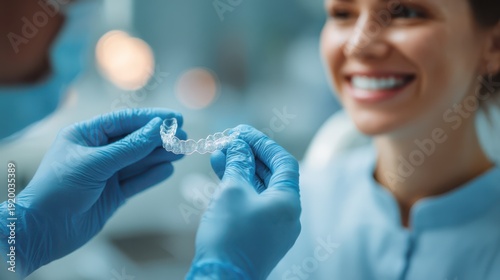 A dentist wearing blue gloves holds a clear dental aligner while a smiling patient looks on, highlighting modern orthodontic care.