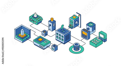 Industrial Process Flowchart with Machines and Equipment.