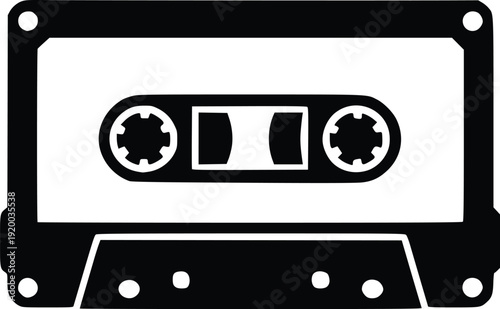 Retro Cassette Tape Vector Illustration - Vintage Audio Symbol for Music, Nostalgia, and Media Projects. Isolated Black and White Graphic.
