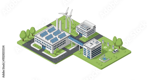 Sustainable industrial complex with renewable energy sources and green spaces.