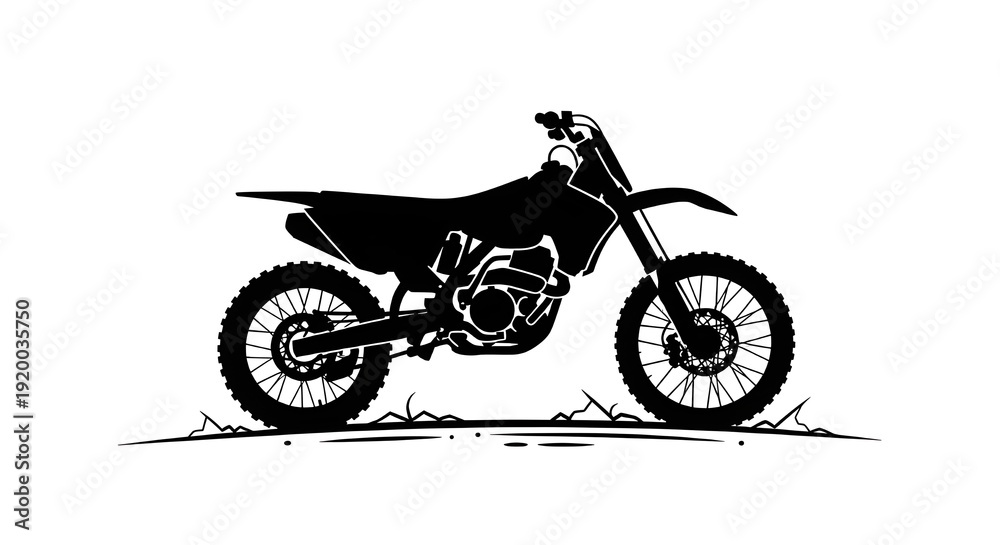Obraz premium Detailed black silhouette of a motocross dirt bike on rough ground. Side view vector illustration of an off-road motorcycle isolated on white.
