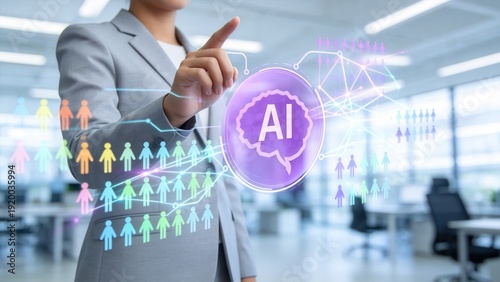 Artificial intelligence and workforce analytics concept,business professional interacting with AI interface,neural network connections and data driven recruitment strategy