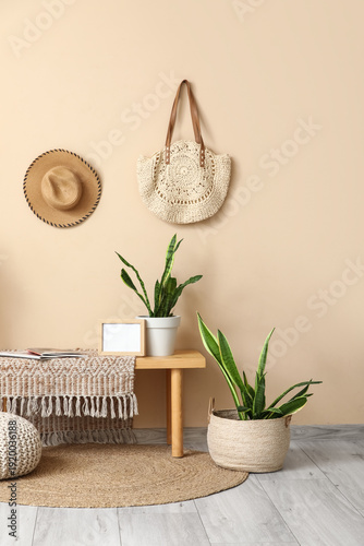 Interior of room with bench...