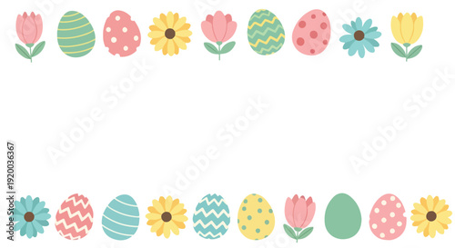 A colorful Easter-themed border of eggs and flowers in pastel shades, with a cartoon style, on a white background.
