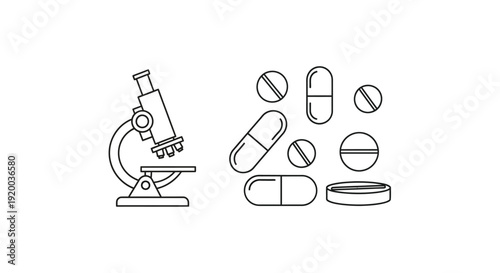 Medical research icons featuring a microscope and pills silhouette