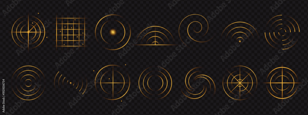 Naklejka premium Golden radar waves reflect sound and light in bright circular motion, glowing with neon warmth and sensor precision. Every signal shimmers with the elegance of pure energy.