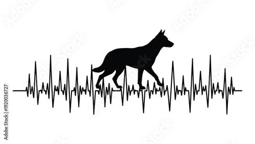 A silhouette of a dog walking on a sound wave background isolated on white background, Vector