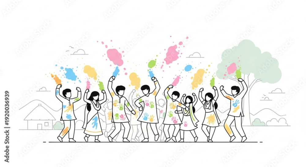 Fototapeta premium Group of people celebrating Holi festival with colorful powder line art illustration for cultural events and invitations isolated on white