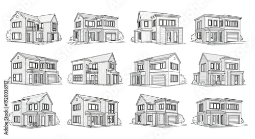 A collection of sketched house designs presented as a black silhouette