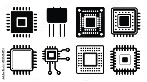 Integrated circuits vector collection, microchips, and circuit designs, ideal for computer hardware, electronics illustration, technology branding, and digital creative projects.