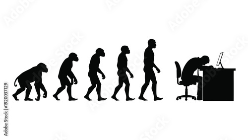 Evolution of man from ape to office worker in a humorous depiction isolated on white background, Vector