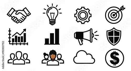 Business icons featuring a handshake lightbulb and people silhouette