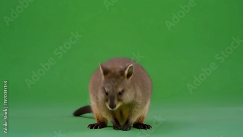 A quokka stands attentively on a green screen background, looking around, ready for compositing.