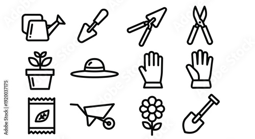 Gardening tools and plants arranged in a simple line art silhouette