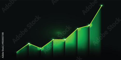 A vibrant green line graph with glowing points showing an upward trend and growth over dark green bar charts on a black background.