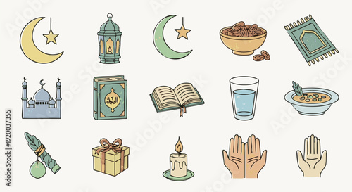 ramadan, islam, icon, celebration, prayer, spiritual, faith, star, moon, holy, graphic, people, religious, book, drawing, worship, event, family, sunrise, vignetting, crescent, pack, pictogram, koran,