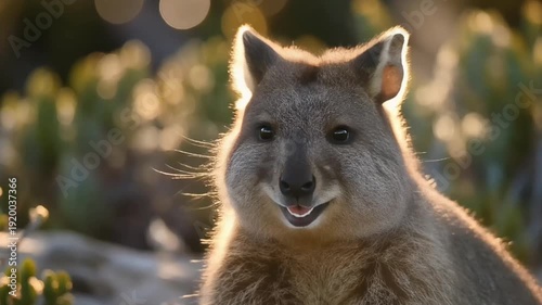 A happy Quokka smiles charmingly at the camera with beautiful golden backlighting in its natural habitat.