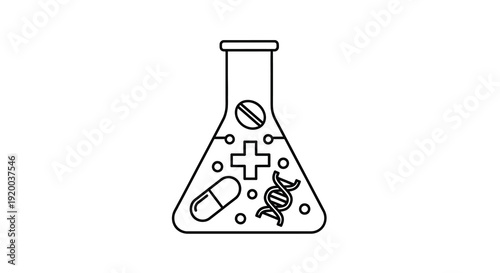 Erlenmeyer flask with medical elements in a clean dark silhouette